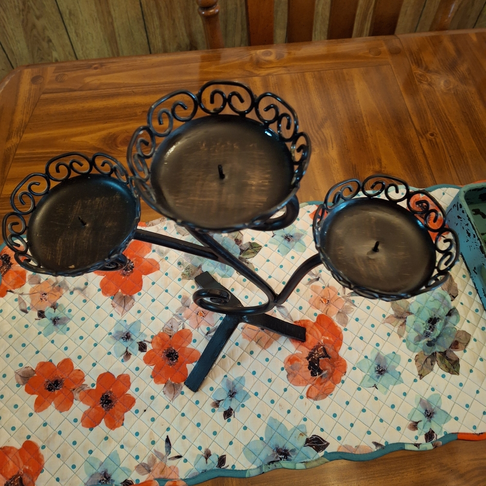 Gothic Heavy Black Wrought Iron 3-Arm  Candelabra With Scrolled Detailing